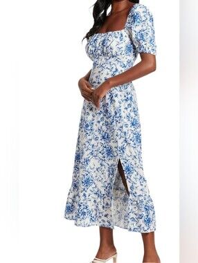 New London Times Linen Blend Square Neck Floral Midi Dress Ivory/Navy Size 16
